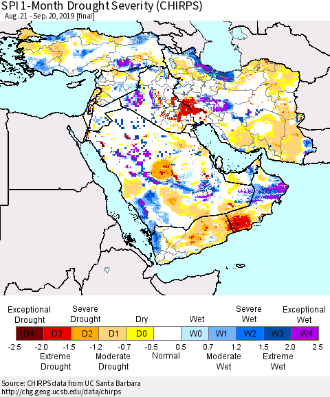 Middle East and Turkey SPI 1-Month Drought Severity (CHIRPS) Thematic Map For 8/21/2019 - 9/20/2019