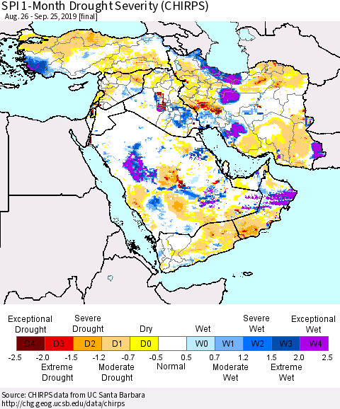 Middle East and Turkey SPI 1-Month Drought Severity (CHIRPS) Thematic Map For 8/26/2019 - 9/25/2019