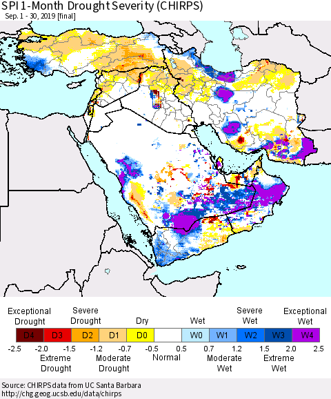 Middle East and Turkey SPI 1-Month Drought Severity (CHIRPS) Thematic Map For 9/1/2019 - 9/30/2019