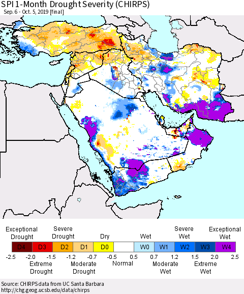Middle East and Turkey SPI 1-Month Drought Severity (CHIRPS) Thematic Map For 9/6/2019 - 10/5/2019