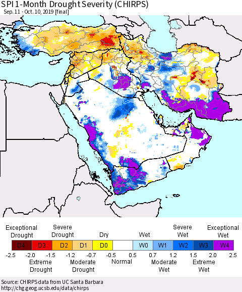 Middle East and Turkey SPI 1-Month Drought Severity (CHIRPS) Thematic Map For 9/11/2019 - 10/10/2019