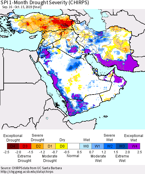 Middle East and Turkey SPI 1-Month Drought Severity (CHIRPS) Thematic Map For 9/16/2019 - 10/15/2019