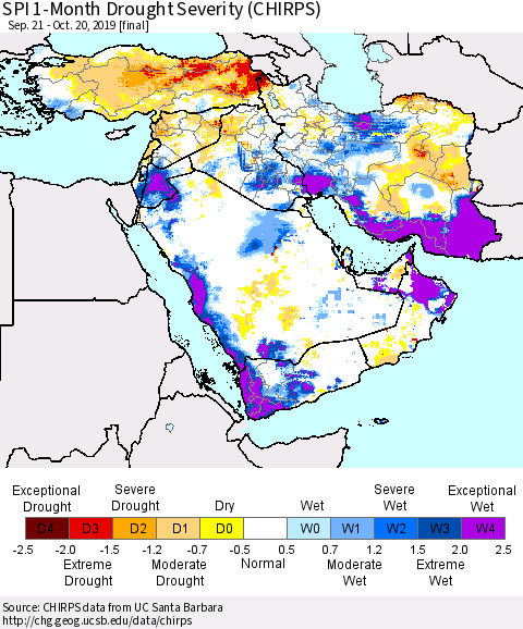 Middle East and Turkey SPI 1-Month Drought Severity (CHIRPS) Thematic Map For 9/21/2019 - 10/20/2019