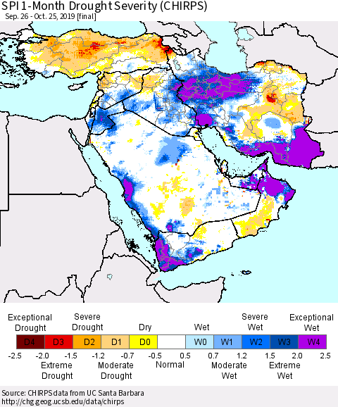 Middle East and Turkey SPI 1-Month Drought Severity (CHIRPS) Thematic Map For 9/26/2019 - 10/25/2019