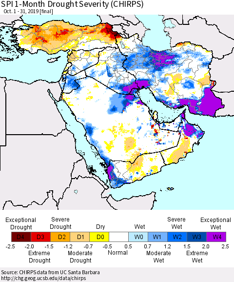 Middle East and Turkey SPI 1-Month Drought Severity (CHIRPS) Thematic Map For 10/1/2019 - 10/31/2019