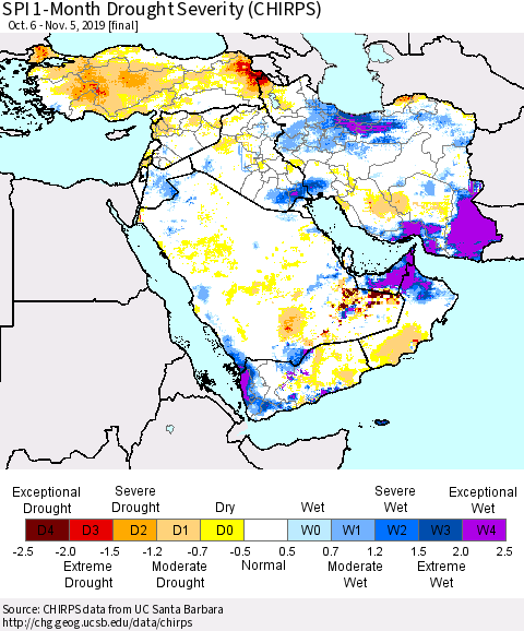 Middle East and Turkey SPI 1-Month Drought Severity (CHIRPS) Thematic Map For 10/6/2019 - 11/5/2019