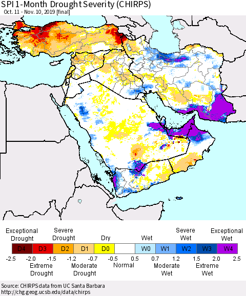 Middle East and Turkey SPI 1-Month Drought Severity (CHIRPS) Thematic Map For 10/11/2019 - 11/10/2019