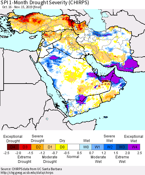 Middle East and Turkey SPI 1-Month Drought Severity (CHIRPS) Thematic Map For 10/16/2019 - 11/15/2019