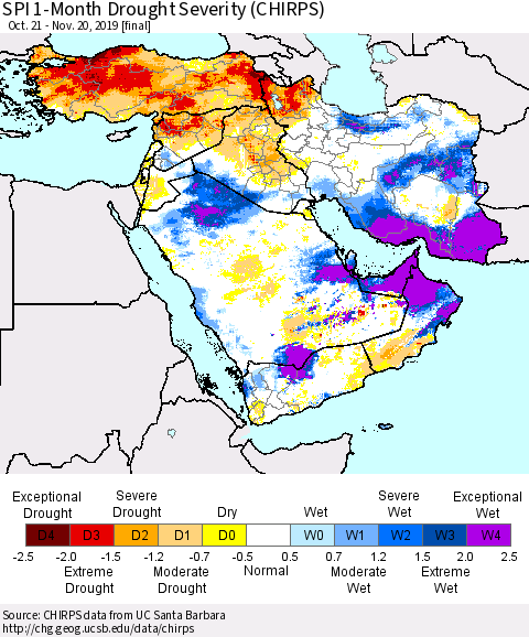 Middle East and Turkey SPI 1-Month Drought Severity (CHIRPS) Thematic Map For 10/21/2019 - 11/20/2019