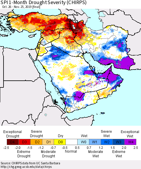 Middle East and Turkey SPI 1-Month Drought Severity (CHIRPS) Thematic Map For 10/26/2019 - 11/25/2019