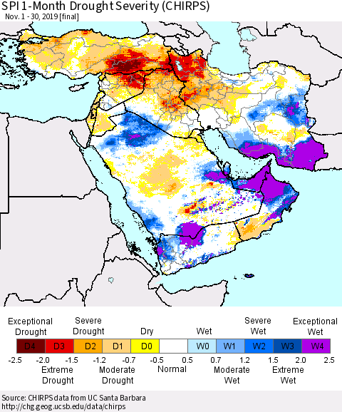 Middle East and Turkey SPI 1-Month Drought Severity (CHIRPS) Thematic Map For 11/1/2019 - 11/30/2019