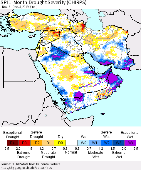 Middle East and Turkey SPI 1-Month Drought Severity (CHIRPS) Thematic Map For 11/6/2019 - 12/5/2019