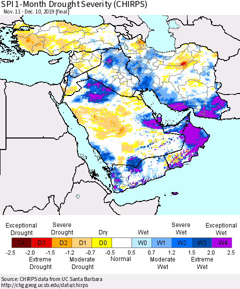 Middle East and Turkey SPI 1-Month Drought Severity (CHIRPS) Thematic Map For 11/11/2019 - 12/10/2019
