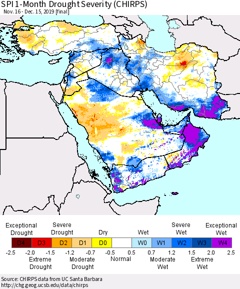 Middle East and Turkey SPI 1-Month Drought Severity (CHIRPS) Thematic Map For 11/16/2019 - 12/15/2019