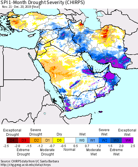 Middle East and Turkey SPI 1-Month Drought Severity (CHIRPS) Thematic Map For 11/21/2019 - 12/20/2019