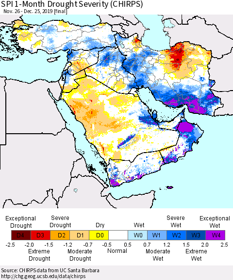 Middle East and Turkey SPI 1-Month Drought Severity (CHIRPS) Thematic Map For 11/26/2019 - 12/25/2019