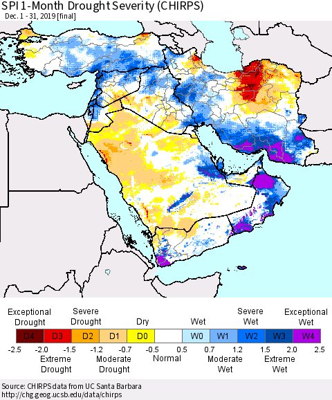Middle East and Turkey SPI 1-Month Drought Severity (CHIRPS) Thematic Map For 12/1/2019 - 12/31/2019