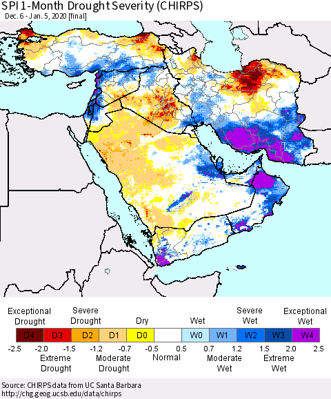 Middle East and Turkey SPI 1-Month Drought Severity (CHIRPS) Thematic Map For 12/6/2019 - 1/5/2020