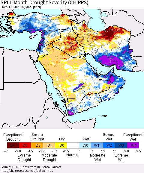 Middle East and Turkey SPI 1-Month Drought Severity (CHIRPS) Thematic Map For 12/11/2019 - 1/10/2020