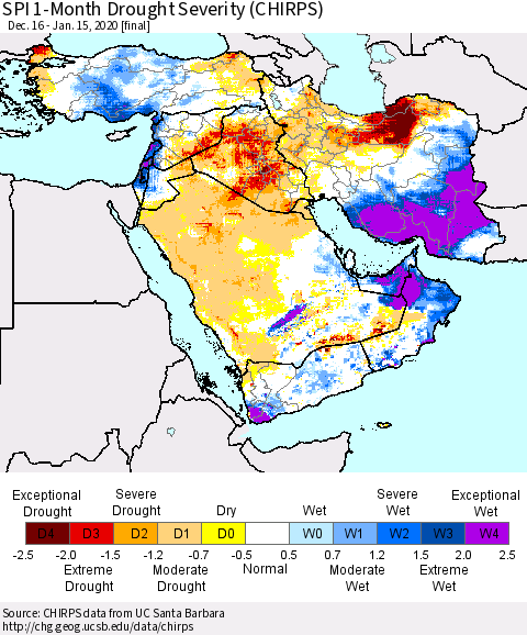 Middle East and Turkey SPI 1-Month Drought Severity (CHIRPS) Thematic Map For 12/16/2019 - 1/15/2020