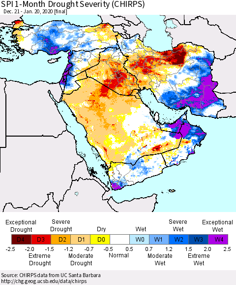 Middle East and Turkey SPI 1-Month Drought Severity (CHIRPS) Thematic Map For 12/21/2019 - 1/20/2020
