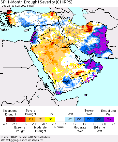Middle East and Turkey SPI 1-Month Drought Severity (CHIRPS) Thematic Map For 12/26/2019 - 1/25/2020