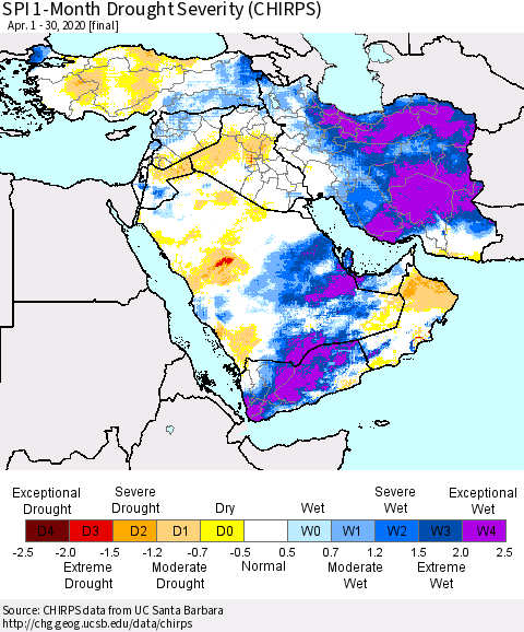 Middle East and Turkey SPI 1-Month Drought Severity (CHIRPS) Thematic Map For 4/1/2020 - 4/30/2020