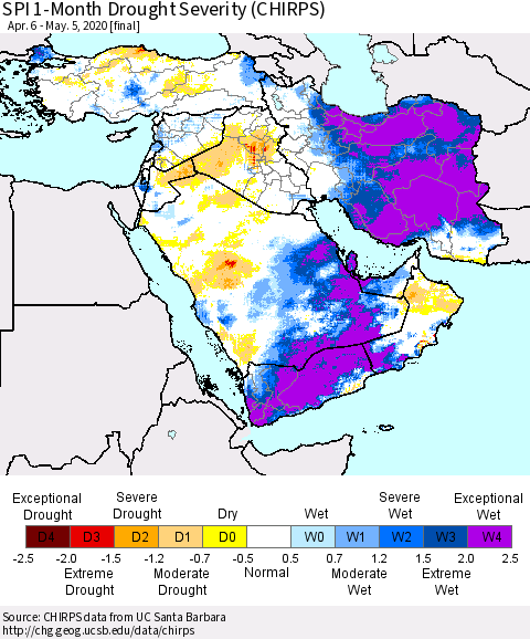 Middle East and Turkey SPI 1-Month Drought Severity (CHIRPS) Thematic Map For 4/6/2020 - 5/5/2020
