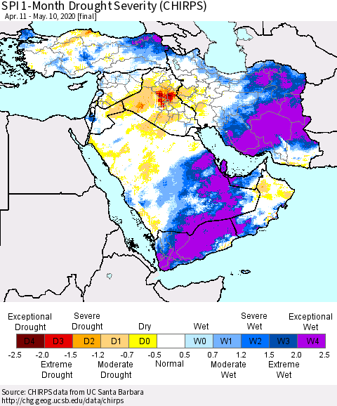 Middle East and Turkey SPI 1-Month Drought Severity (CHIRPS) Thematic Map For 4/11/2020 - 5/10/2020