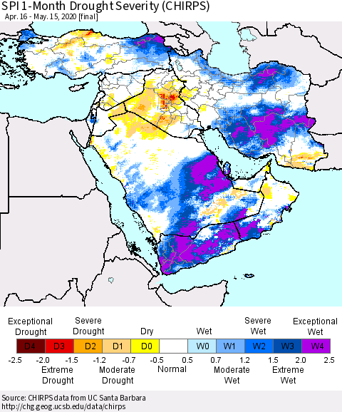 Middle East and Turkey SPI 1-Month Drought Severity (CHIRPS) Thematic Map For 4/16/2020 - 5/15/2020