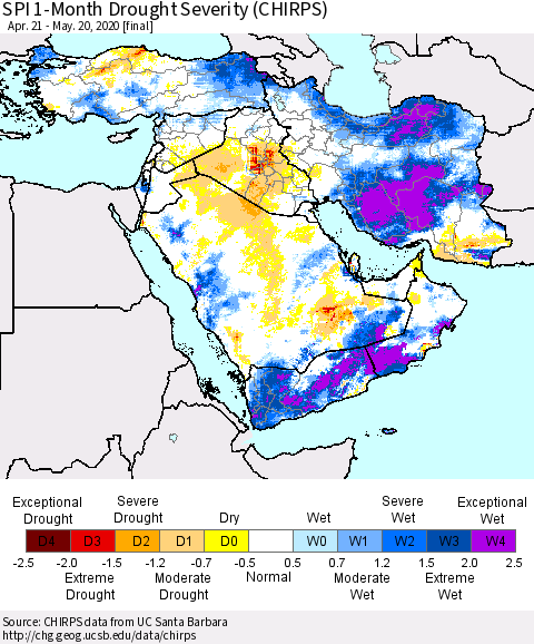 Middle East and Turkey SPI 1-Month Drought Severity (CHIRPS) Thematic Map For 4/21/2020 - 5/20/2020