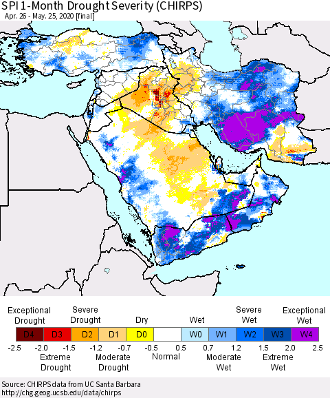 Middle East and Turkey SPI 1-Month Drought Severity (CHIRPS) Thematic Map For 4/26/2020 - 5/25/2020
