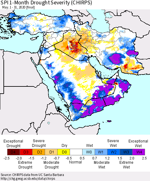 Middle East and Turkey SPI 1-Month Drought Severity (CHIRPS) Thematic Map For 5/1/2020 - 5/31/2020