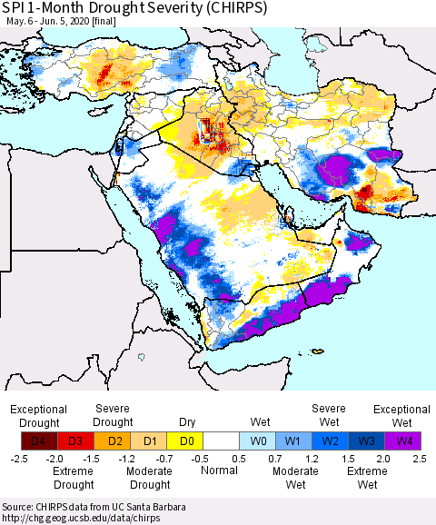 Middle East and Turkey SPI 1-Month Drought Severity (CHIRPS) Thematic Map For 5/6/2020 - 6/5/2020