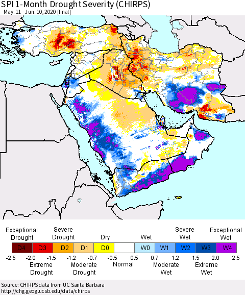 Middle East and Turkey SPI 1-Month Drought Severity (CHIRPS) Thematic Map For 5/11/2020 - 6/10/2020