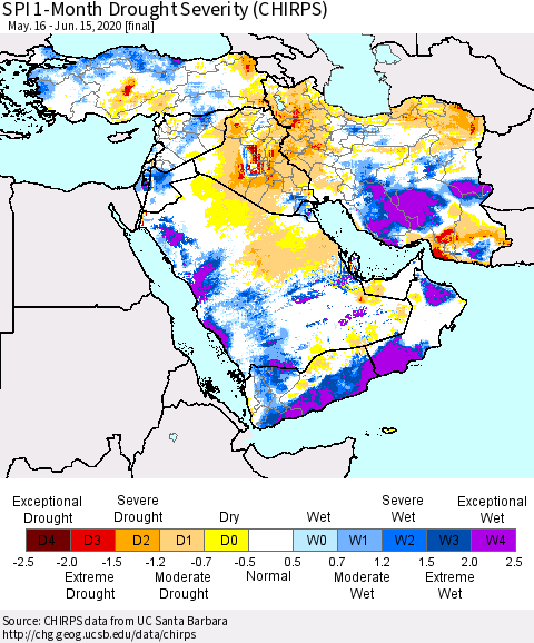 Middle East and Turkey SPI 1-Month Drought Severity (CHIRPS) Thematic Map For 5/16/2020 - 6/15/2020