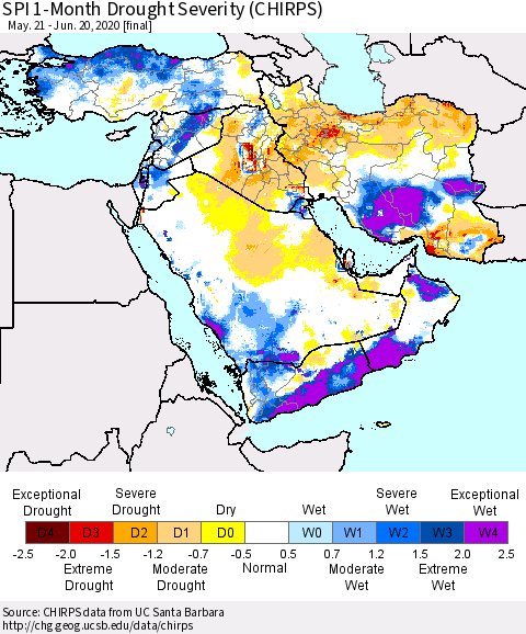 Middle East and Turkey SPI 1-Month Drought Severity (CHIRPS) Thematic Map For 5/21/2020 - 6/20/2020