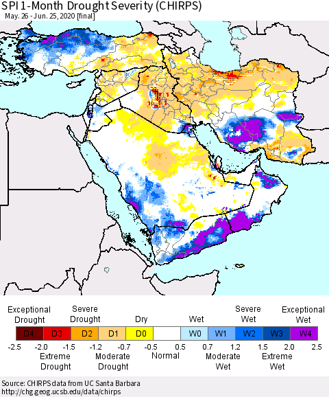 Middle East and Turkey SPI 1-Month Drought Severity (CHIRPS) Thematic Map For 5/26/2020 - 6/25/2020