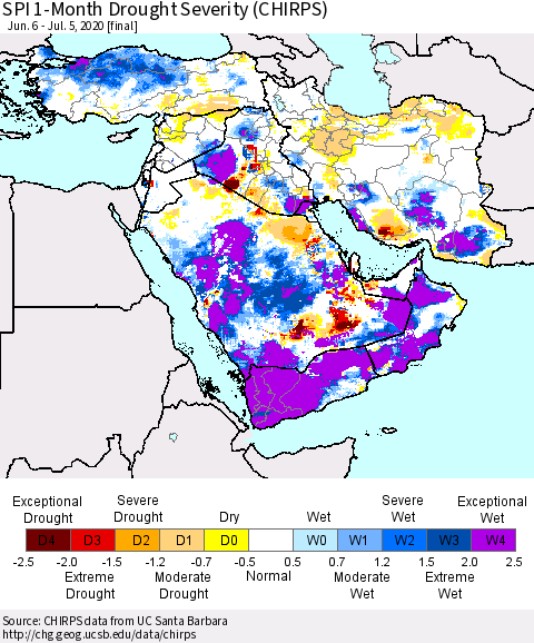 Middle East and Turkey SPI 1-Month Drought Severity (CHIRPS) Thematic Map For 6/6/2020 - 7/5/2020