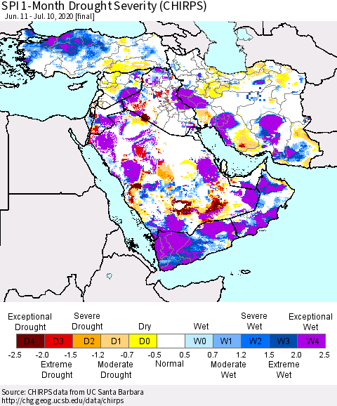 Middle East and Turkey SPI 1-Month Drought Severity (CHIRPS) Thematic Map For 6/11/2020 - 7/10/2020