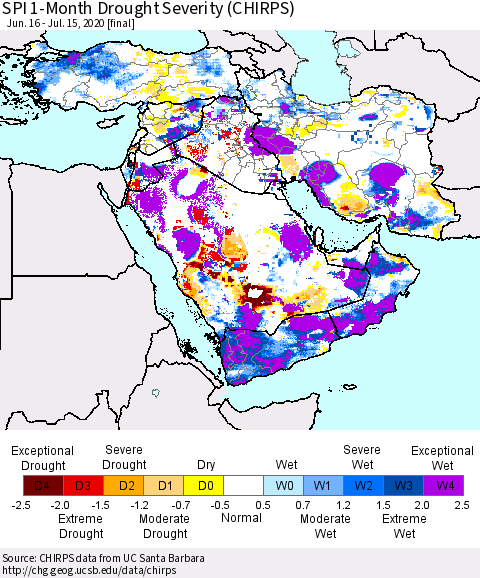 Middle East and Turkey SPI 1-Month Drought Severity (CHIRPS) Thematic Map For 6/16/2020 - 7/15/2020