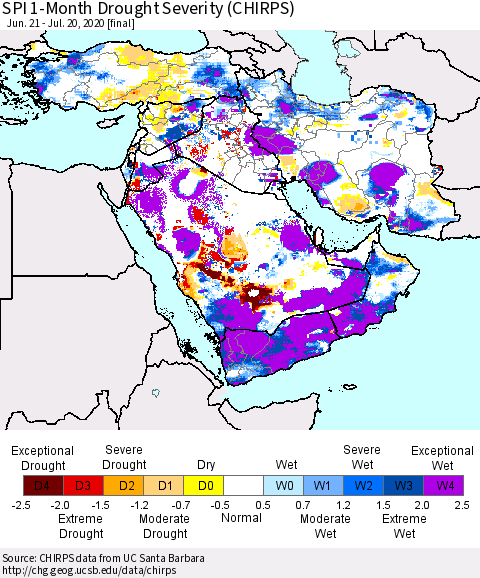 Middle East and Turkey SPI 1-Month Drought Severity (CHIRPS) Thematic Map For 6/21/2020 - 7/20/2020