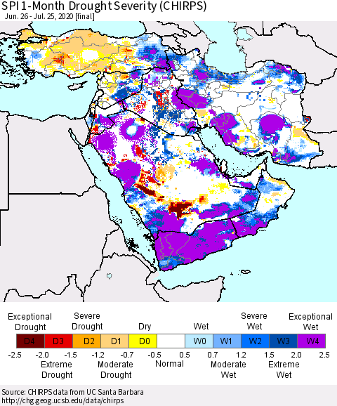 Middle East and Turkey SPI 1-Month Drought Severity (CHIRPS) Thematic Map For 6/26/2020 - 7/25/2020