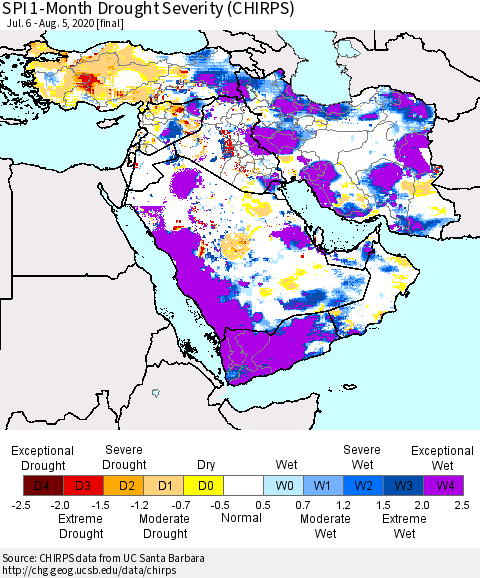 Middle East and Turkey SPI 1-Month Drought Severity (CHIRPS) Thematic Map For 7/6/2020 - 8/5/2020