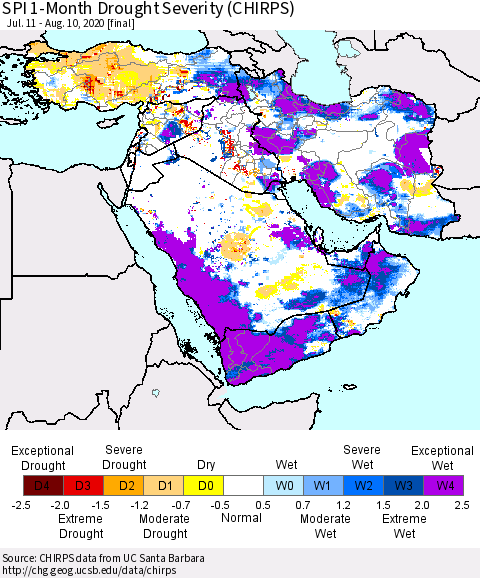 Middle East and Turkey SPI 1-Month Drought Severity (CHIRPS) Thematic Map For 7/11/2020 - 8/10/2020