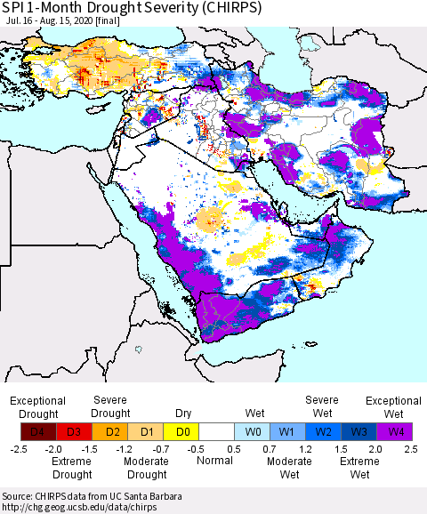Middle East and Turkey SPI 1-Month Drought Severity (CHIRPS) Thematic Map For 7/16/2020 - 8/15/2020