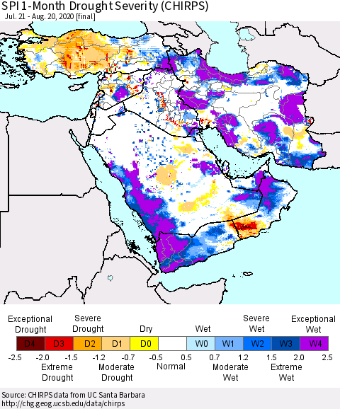 Middle East and Turkey SPI 1-Month Drought Severity (CHIRPS) Thematic Map For 7/21/2020 - 8/20/2020