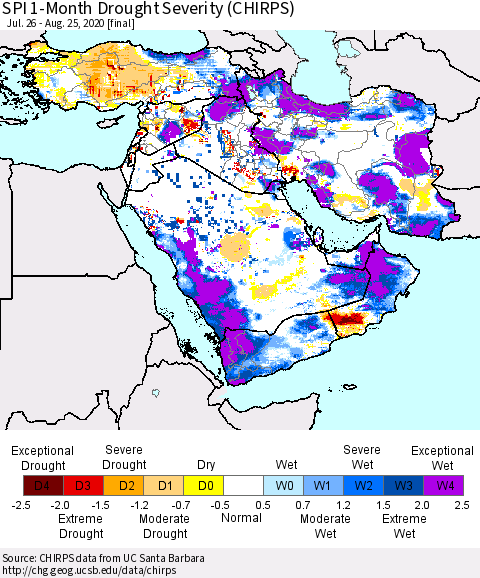 Middle East and Turkey SPI 1-Month Drought Severity (CHIRPS) Thematic Map For 7/26/2020 - 8/25/2020