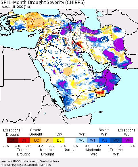 Middle East and Turkey SPI 1-Month Drought Severity (CHIRPS) Thematic Map For 8/1/2020 - 8/31/2020
