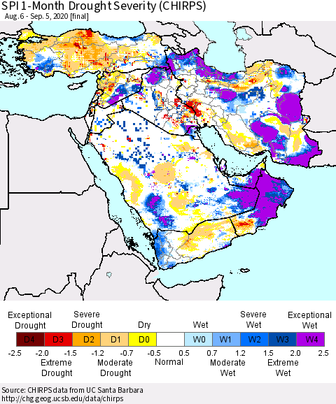 Middle East and Turkey SPI 1-Month Drought Severity (CHIRPS) Thematic Map For 8/6/2020 - 9/5/2020